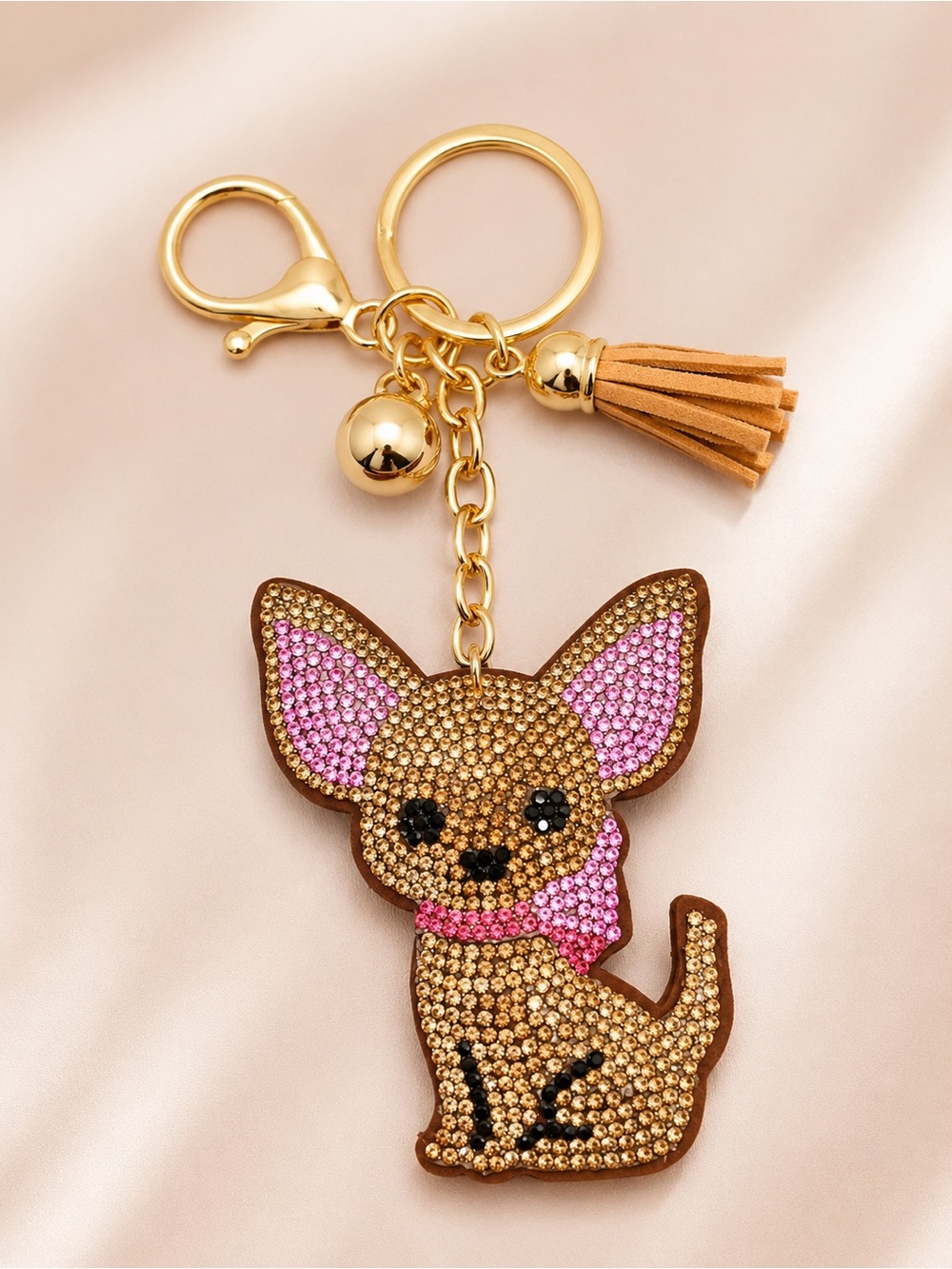 Chihuahua Brown Dog Rhinestone Crystal Bag Charm Keychain Purse Charm New